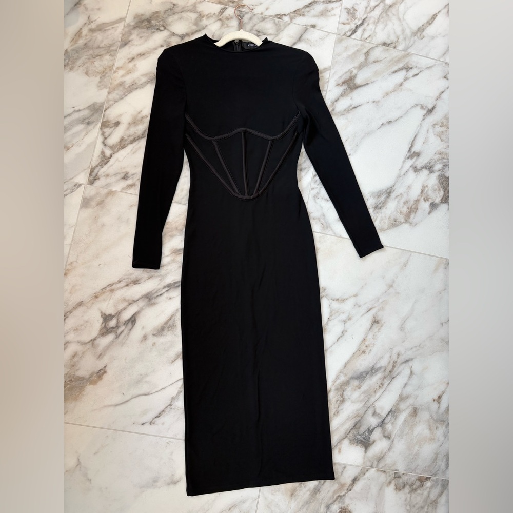 Versace Black Corset Waist Long Sleeve Bodycon Midi Dress IT 40 (US 4 - Picture 8 of 16